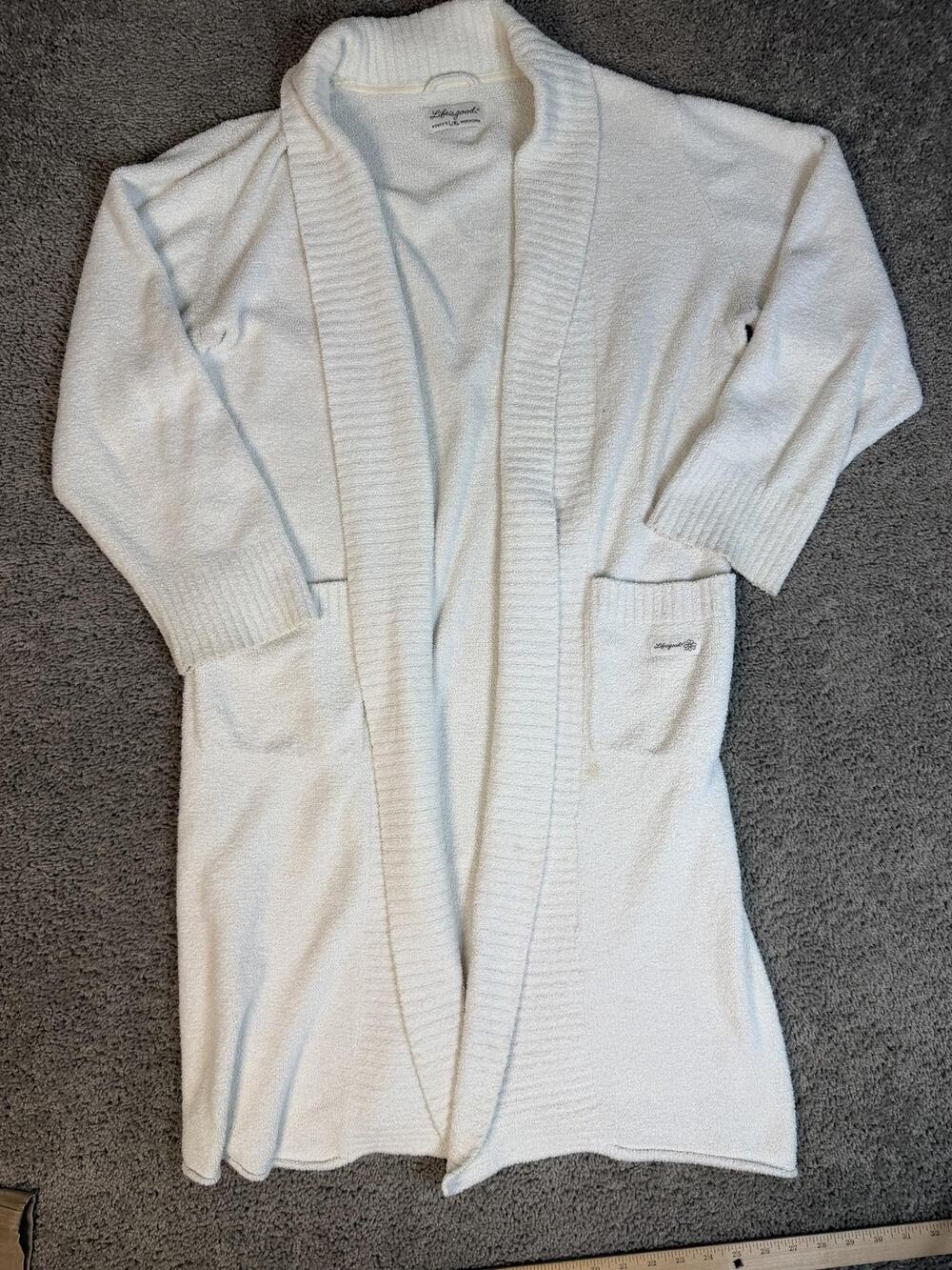 Life Is Good Robe Womens L/XL White Kimono Fleece Embroidered Logo No Belt